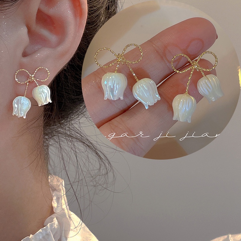 Bông Tai Hình Hoa Tulip Đính Ngọc Trai Nhân Tạo Thời Trang