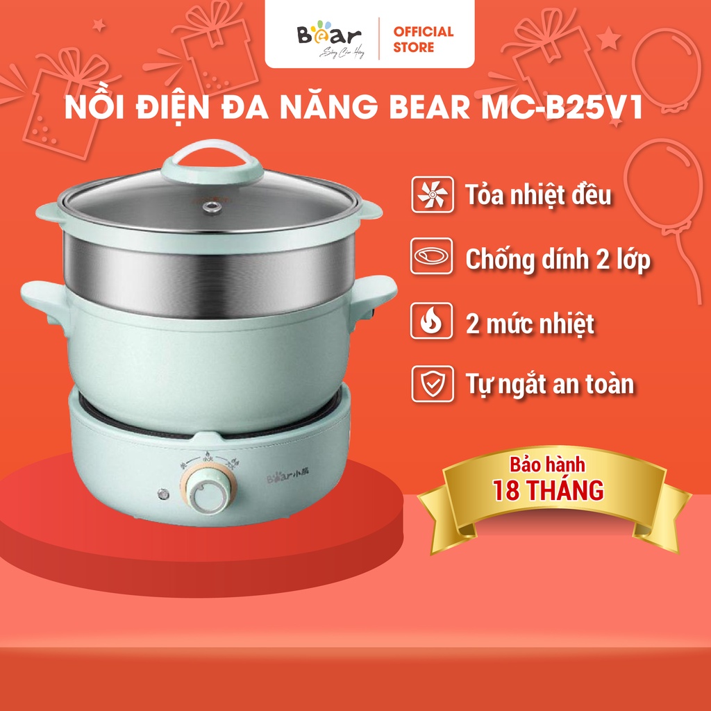 Nồi Điện Đa Năng Bear 2,5L Chiên, Xào, Hấp 2 Tầng Chống Dính Cao Cấp - MC-B25V1