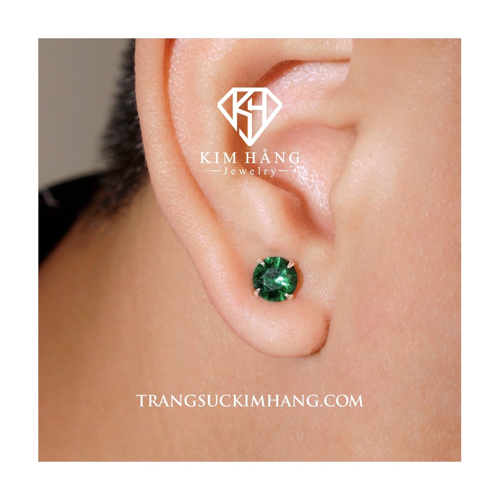 Khuyên Tai Bạc Nụ Tròn Đá Xanh Lá KHJER074- Chốt Đẩy