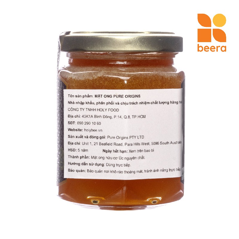 Mật Ong Nguyên Chất Wild Raw Pure Origins Beera nhập khẩu chính hãng từ Úc, hỗ trợ tiêu hóa tốt(250g)