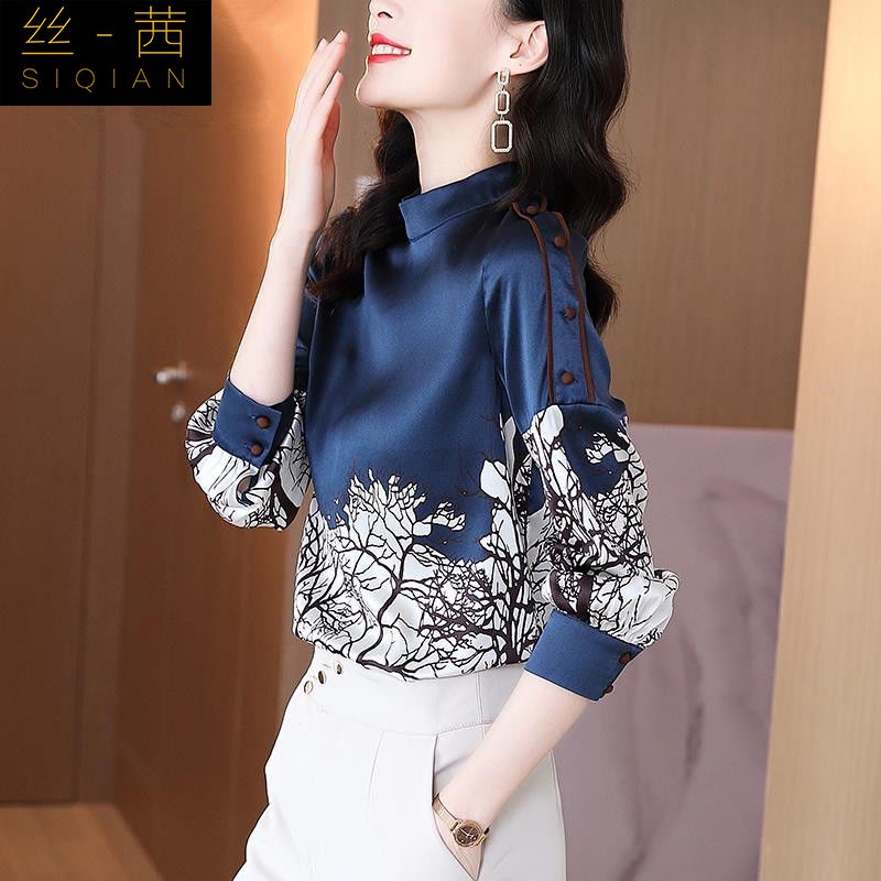 Áo sơ mi xanh dương chui đầu in họa tiết cổ điển thời trang cho nữ