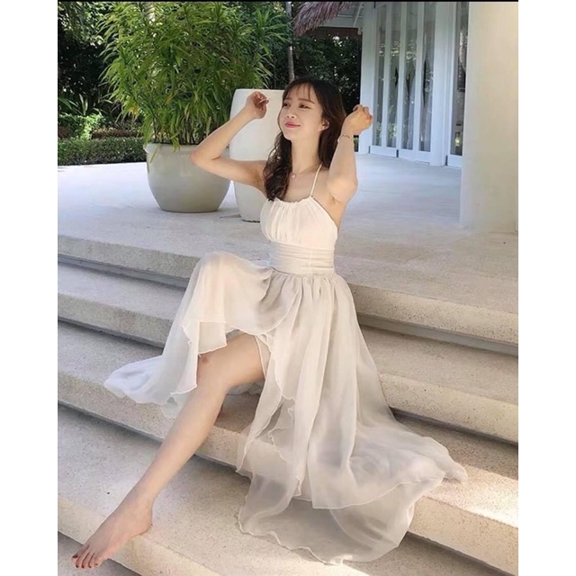 maxi trắng đan dây
