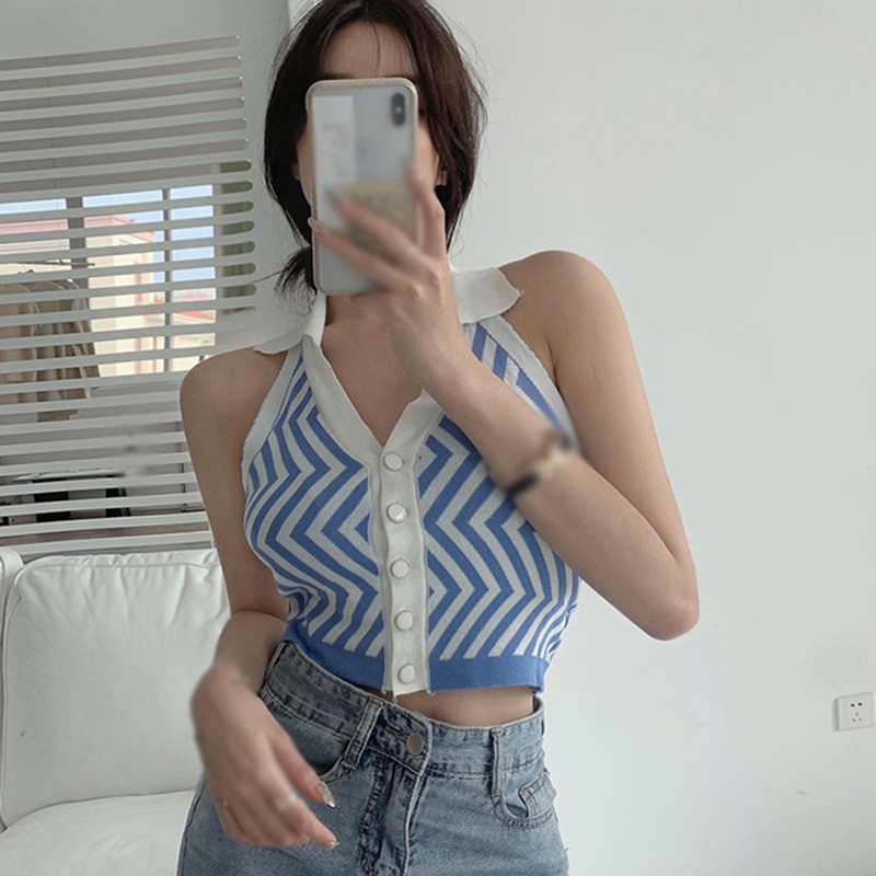 Áo Ngắn Dệt Kim Hoạ Tiết Kẻ Sọc Thiết Kế Cổ Chữ V Quyến Rũ Cho Nữ | BigBuy360 - bigbuy360.vn