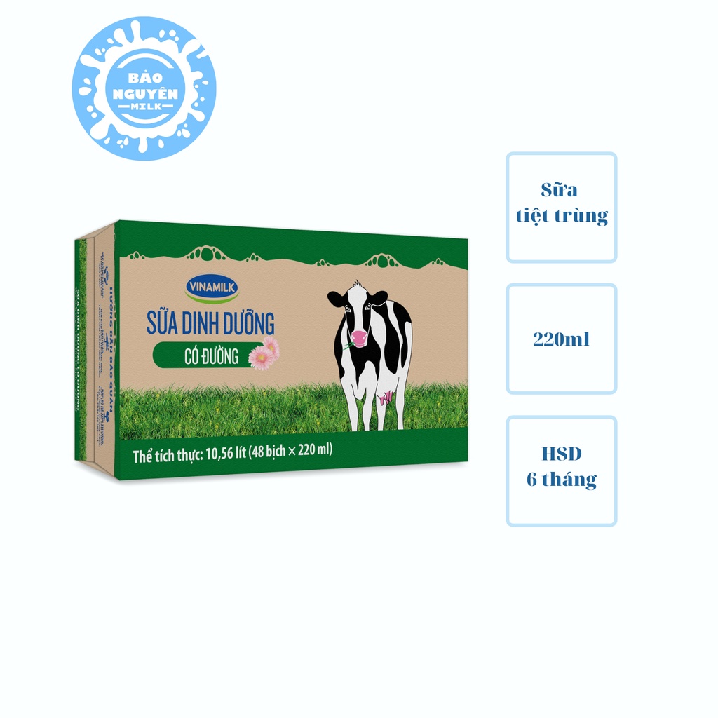 Thùng 48 bịch sữa dinh dưỡng Vinamilk - 220ml (đủ vị: Có đường, Ít đường, Không đường, Dâu, Sô cô la))