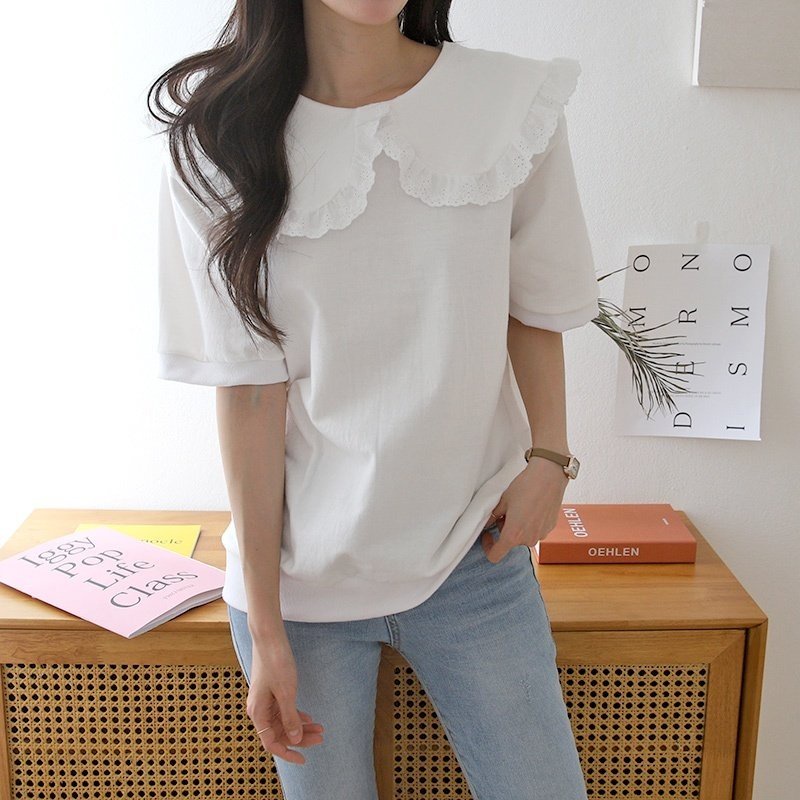 Made in korea Summer P.O. Áo Sơ Mi Cổ Thủy Thủ 100% Cotton Phong Cách Hàn Quốc 2