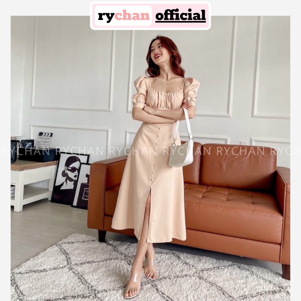 Đầm Nữ Dự Tiệc Cổ Vuông Nhún Ngực Tay Ngắn Phồng Bo Eo Nút Trước Cực Tôn Dáng, Đầm Nữ Cổ U Màu Kem - DX9774