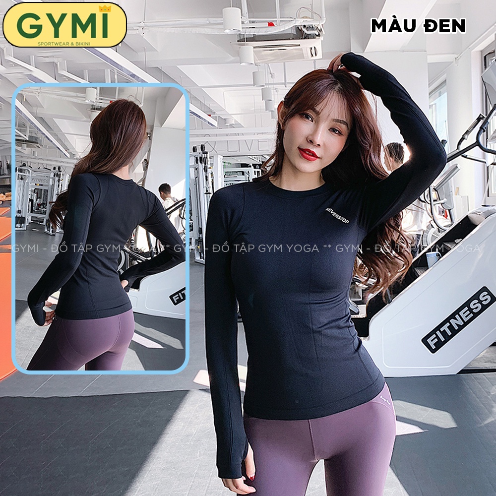 Áo tập gym yoga nữ dài tay GYMI AD10 dáng dài thể thao phủ bụng chất dệt kim logo Neverstop