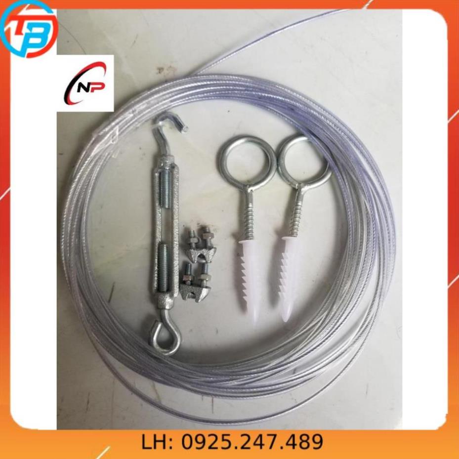 combo 10 Mét Cáp Bọc nhựa 3mm kèm 1 tăng đơ,2 ốc siết cáp,2 khoen +tắc kê gắn tường.Làm dây phơi quần áo chống gỉ sét..