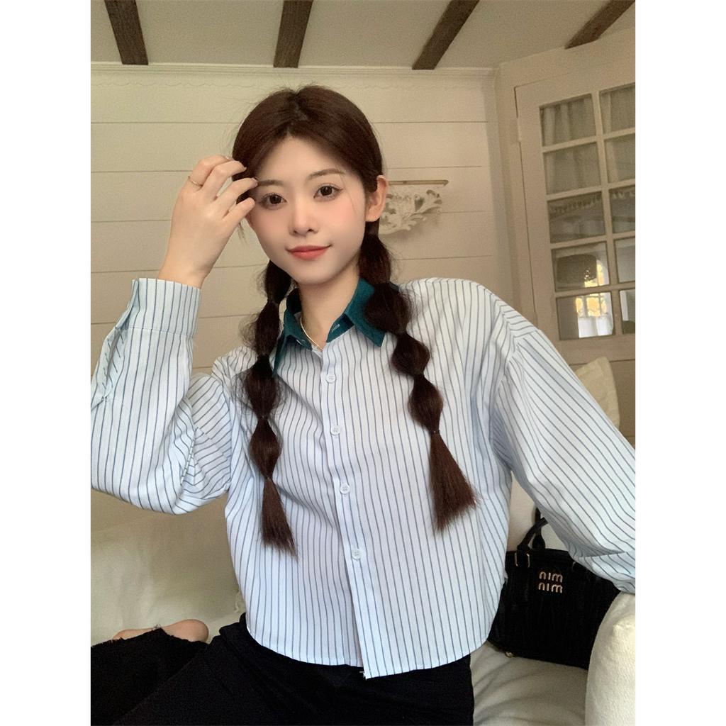 Áo Sơ Mi Dài Tay Phối Màu Tương Phản Thời Trang Hàn Quốc Cho Nữ