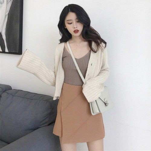 Spring and autumn new Korean women's clothing short solid languid style with knitted cardigan sweater and flared sleeve jacket