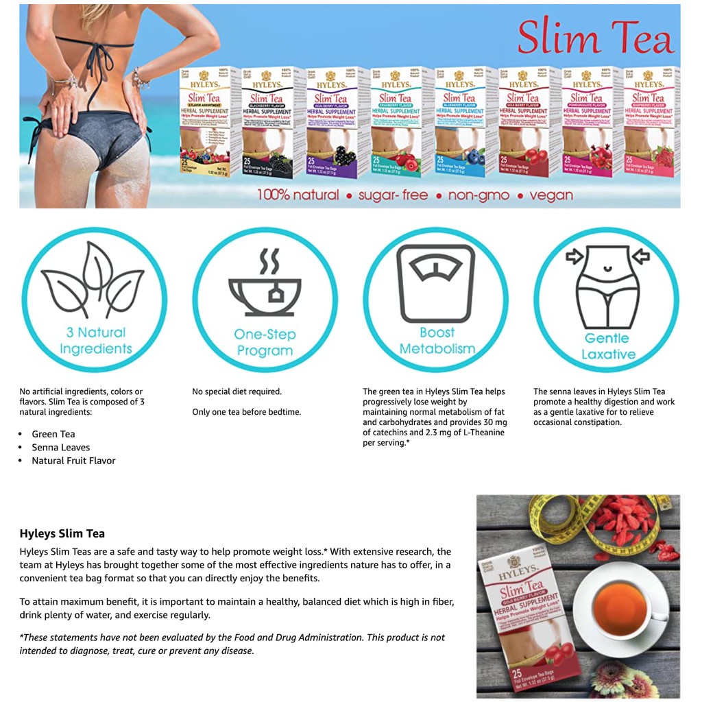 Slim tea Hyleys Trà thảo mộc USA - Trà thải độc giảm cân - Trà buổi sáng, buổi tối Acai Berry, Goji Berry