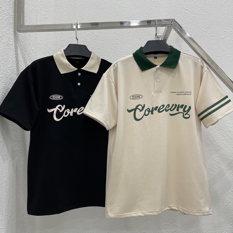 Áo thun Polo COREEVRY tan / đen viền tay áo cá sấu nam nữ unisex áo thun có cổ form rộng