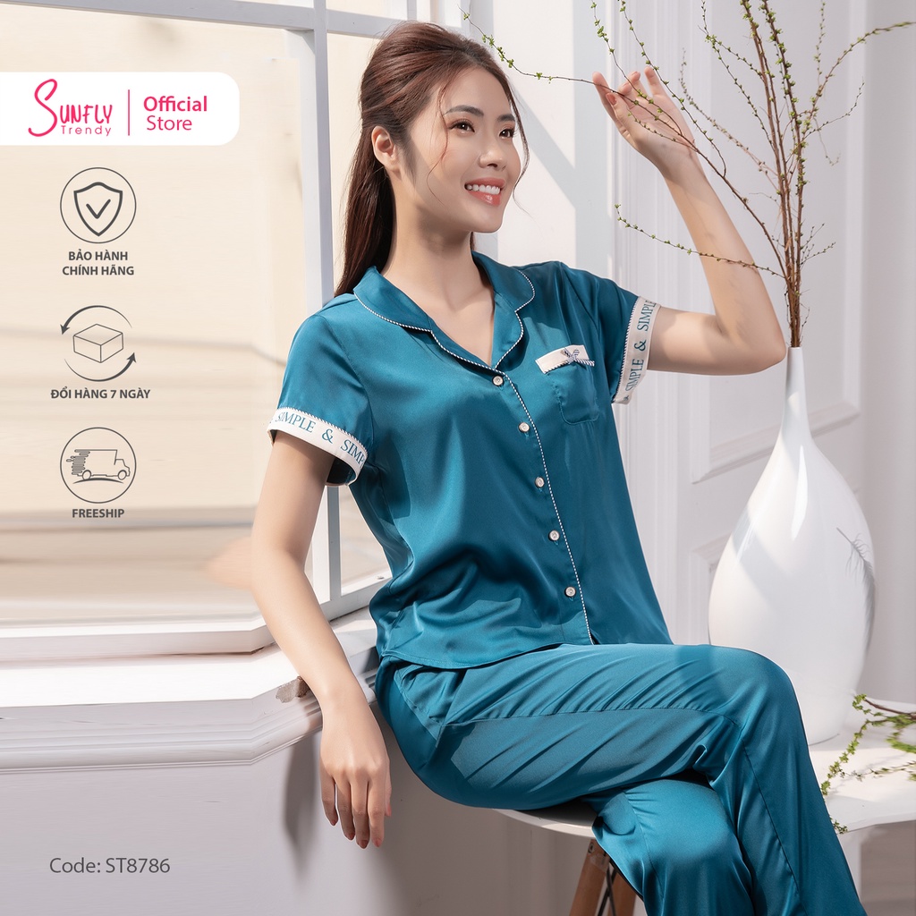 Bộ đồ mặc nhà nữ pijamas lụa SUNFLY áo cộc, quần dài ST8786