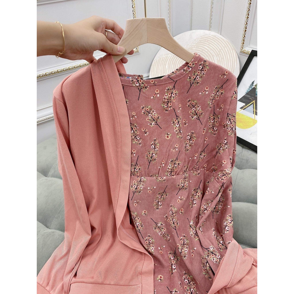Set váy nhung tăm hoa + áo cadigan siêu xinh