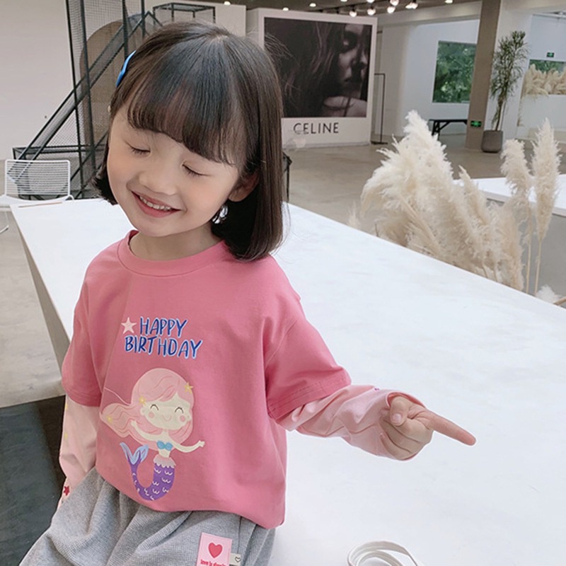 Áo thun tay dài cổ tròn in họa tiết hoạt hình dễ thương giả hai lớp dành cho trẻ em