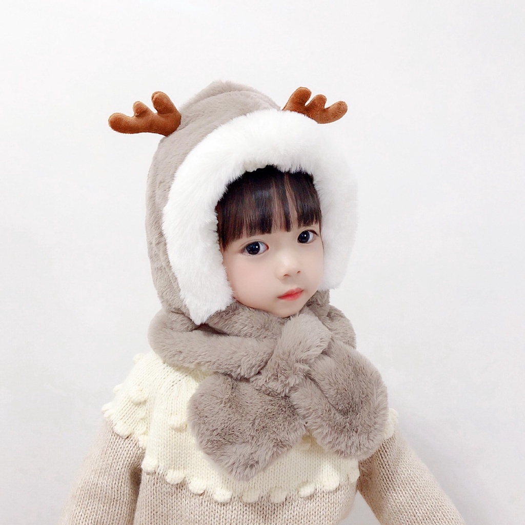 12 Mũ trẻ em mùa đông lót lông sừng hươu cute kèm khăn siêu ấm cho bé