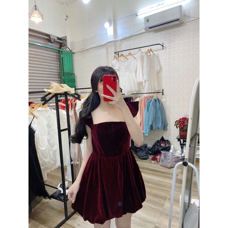 Đầm nữ tết vải nhung màu đỏ đô cực sang chảnh vải may loại tốt | BigBuy360 - bigbuy360.vn