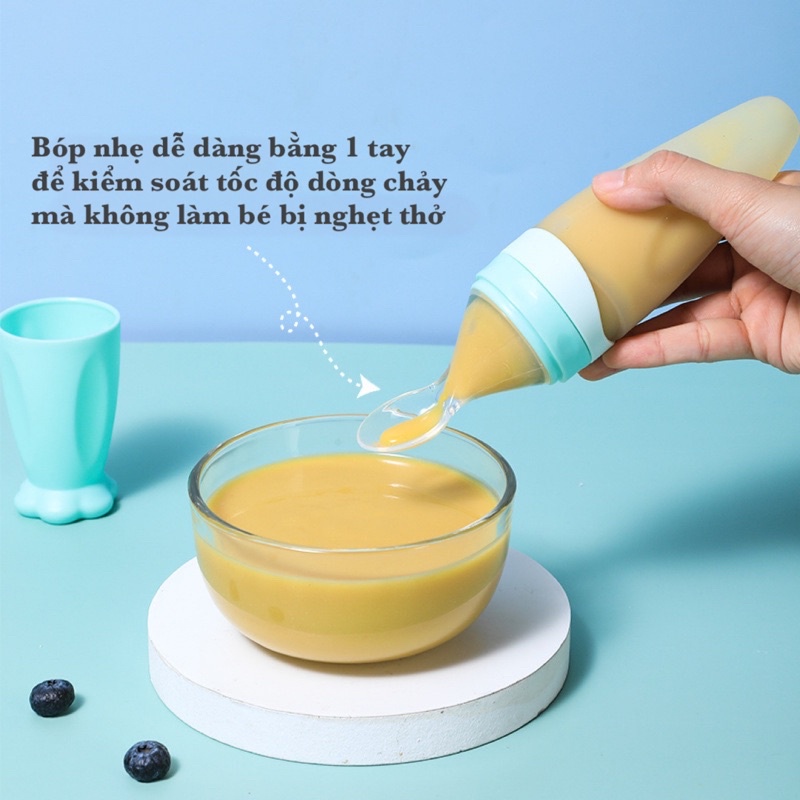 Bình thìa ăn dặm silicon siêu mềm cho bé 110ml có nắp chống tràn hỗ trợ bé uống sữa, ăn cháo tiện lợi và an toàn