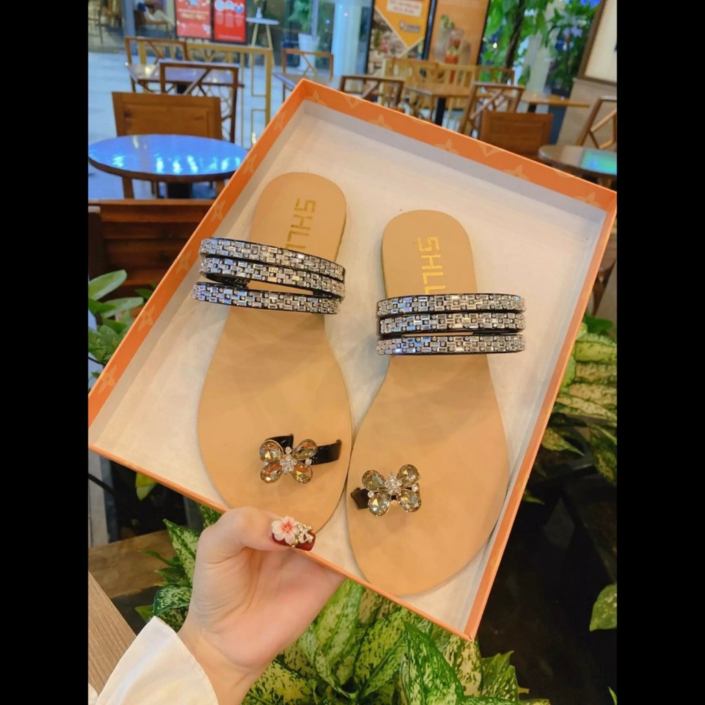 Dép Xỏ Ngón Đính Đá 3 quai mảnh Kẹp  Ngón nữ đế bệt Mặt Tẩy Đẹp mã DKB MINHTUYETSHOES