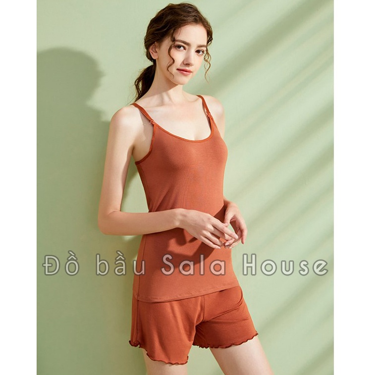 Bộ Đồ Bầu Hai Dây Mặc Ở Nhà Cho Con Bú Có Sẵn Đệm Ngực Liền