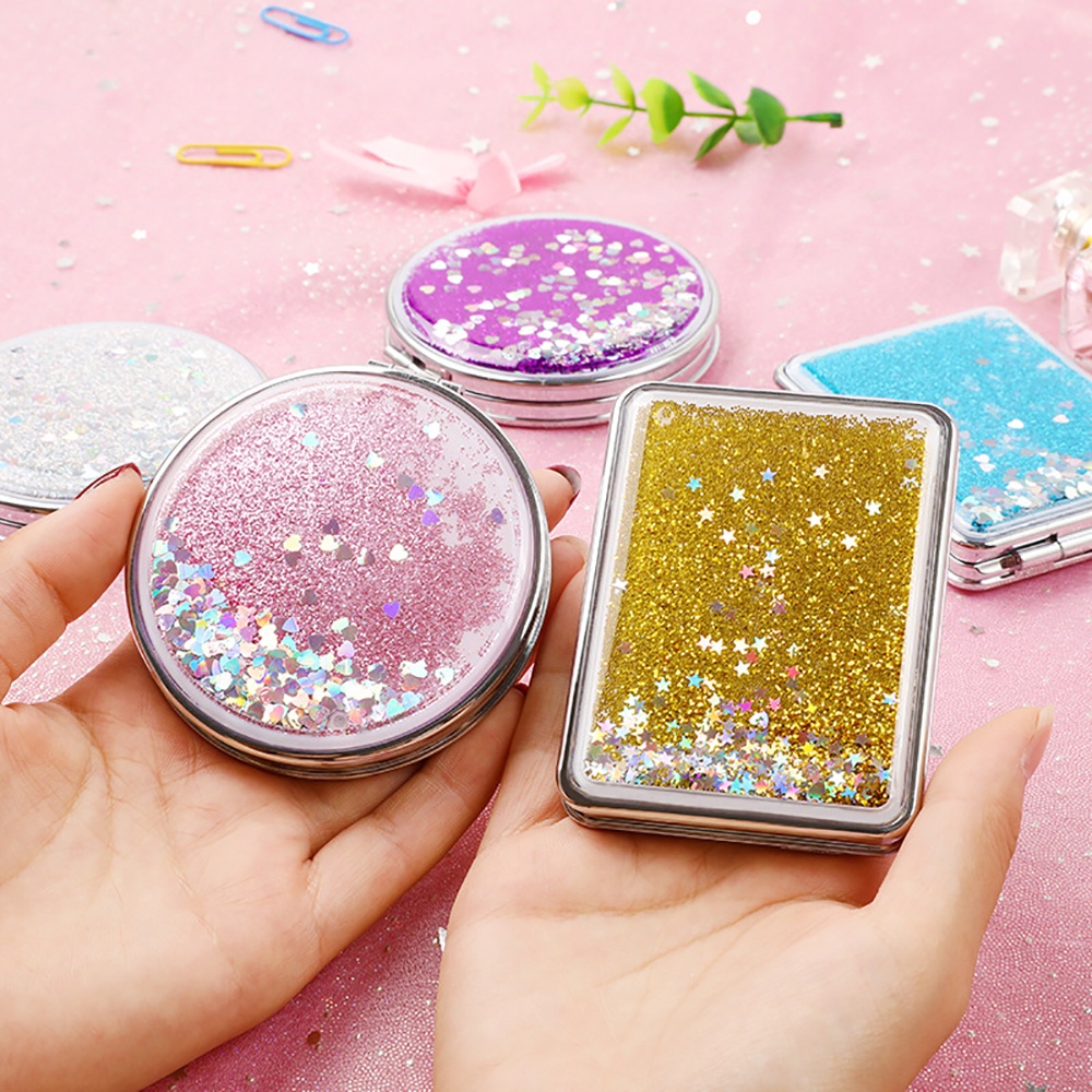 ✨ Gương hai mặt cát lún của người nổi tiếng trên mạng ✨ Gương nhỏ sáng bóng sáng tạo 🔸 trái tim nữ tính dễ thương 🔸 gương trang điểm di động 🔸 gương nhỏ sequins