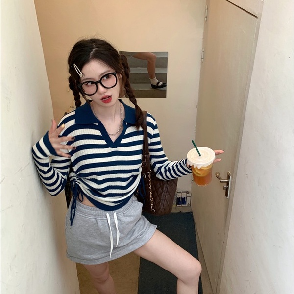 Áo sweater ZHELIHANGFEI cổ polo tay dài lưng cao phối dây rút kẻ sọc thiết kế quyến rũ