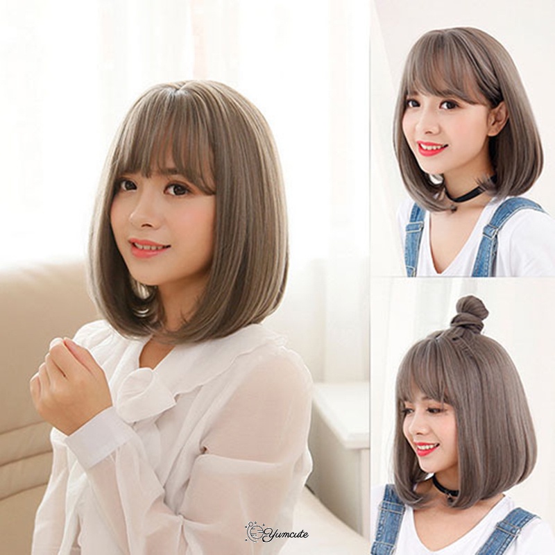 Tóc giả dài trung bình với mái phồng không cần kẹp phong cách Boho Nhật Hàn xinh xắn