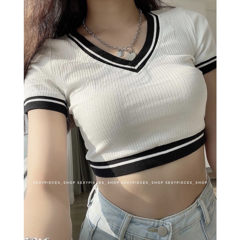 Áo Croptop Kiểu Phối Bo Nữ - Áo Crt Cổ V Siêu Hot Chất Liệu Thun Gân Dệt Kim Cao Cấp ( kèm ảnh thật ) - LP.STORE