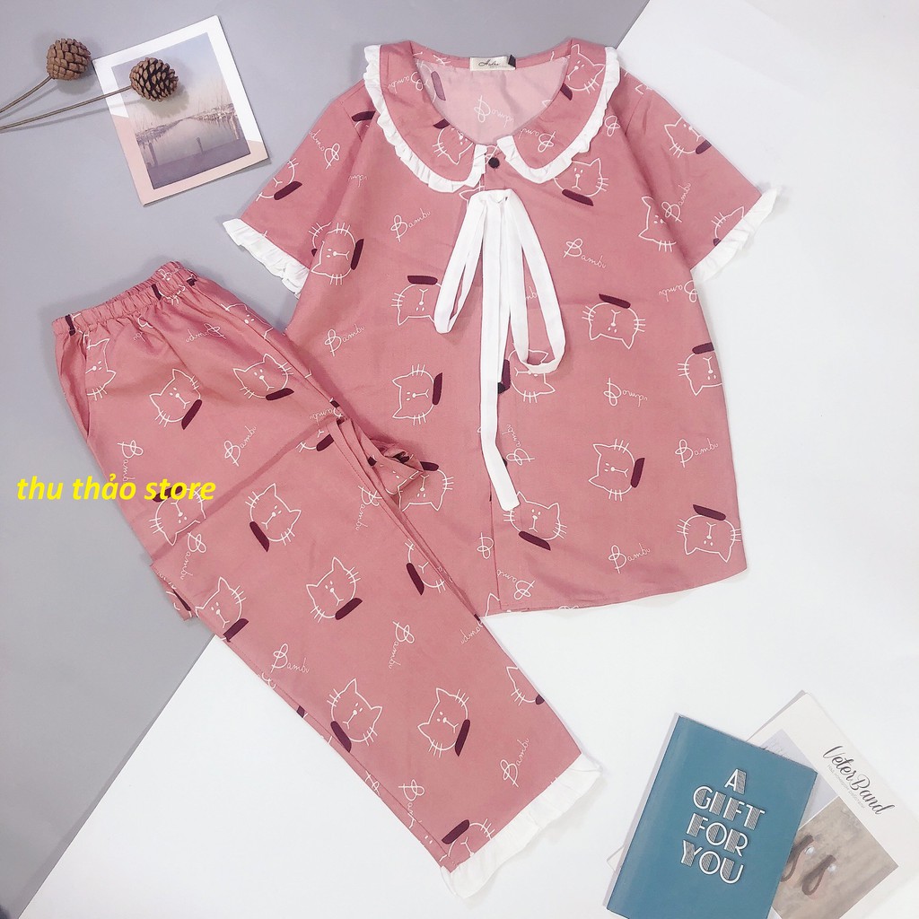 Set bộ mặc nhà tay ngắn quần dài cổ bèo nơ tiểu thư bảng màu đẹp(3m-no).