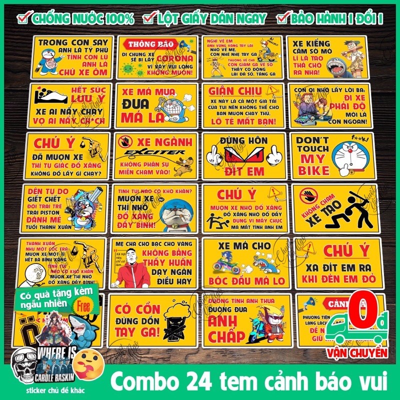 Combo 24 tem xe decal cảnh báo vui dán nón bảo hiểm , xe NT 24