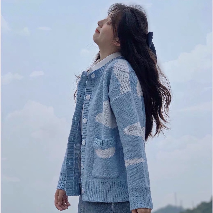 Áo cardigan Forgirl cổ tròn họa tiết đám mây cực cute