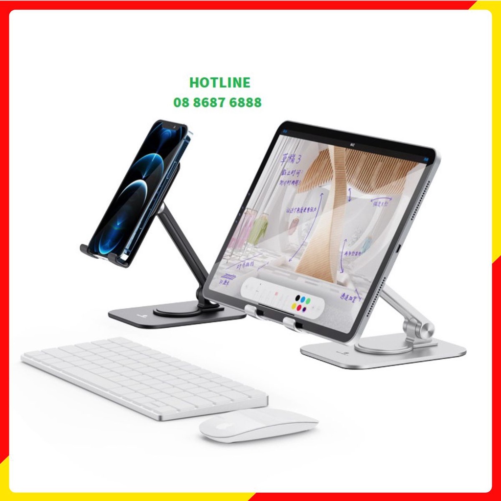 Giá đỡ điện thoại, ipad, tablet để bàn cao cấp L05, chân đế xoay tròn 360 độ, điều chỉnh độ cao chắc chắn.