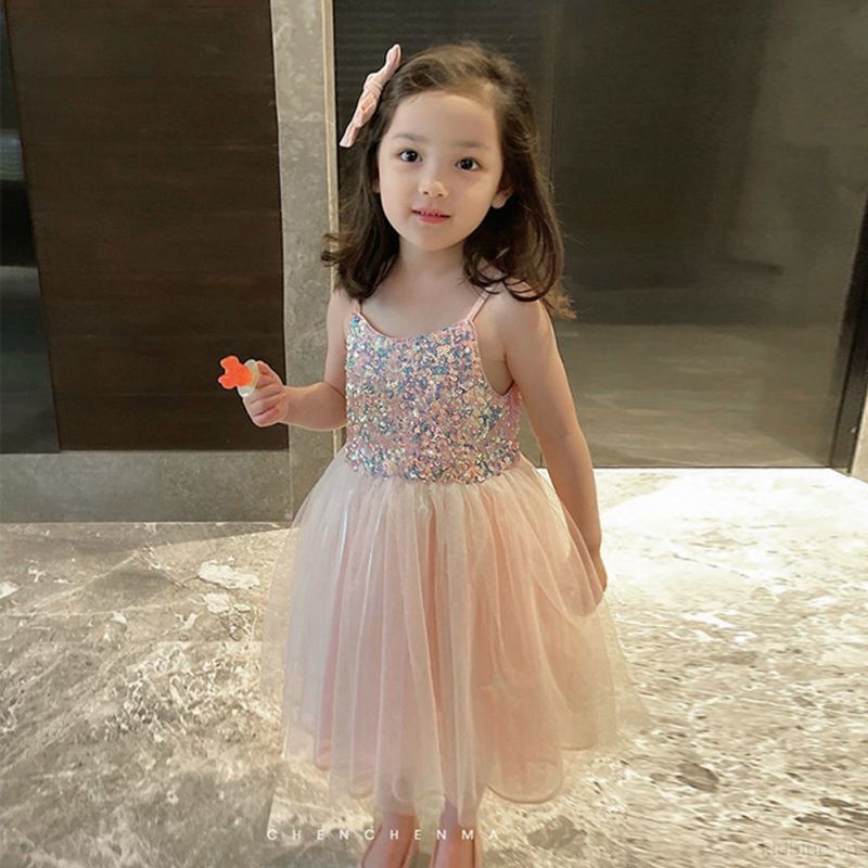 Đầm Hai Dây Phối Lưới Đính Kim Sa Lấp Lánh Thời Trang Mùa Hè Cho Bé Gái
