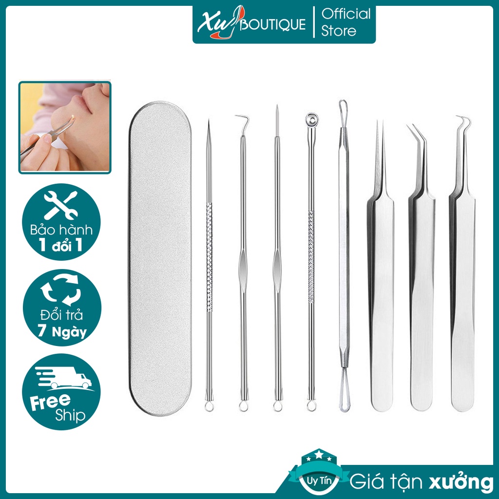 Bộ Que Nặn Mụn 8 Món Hộp Thiếc Chuyên Dụng Spa, Thẩm Mỹ Viện + (Tặng 5 Khăn Cồn)