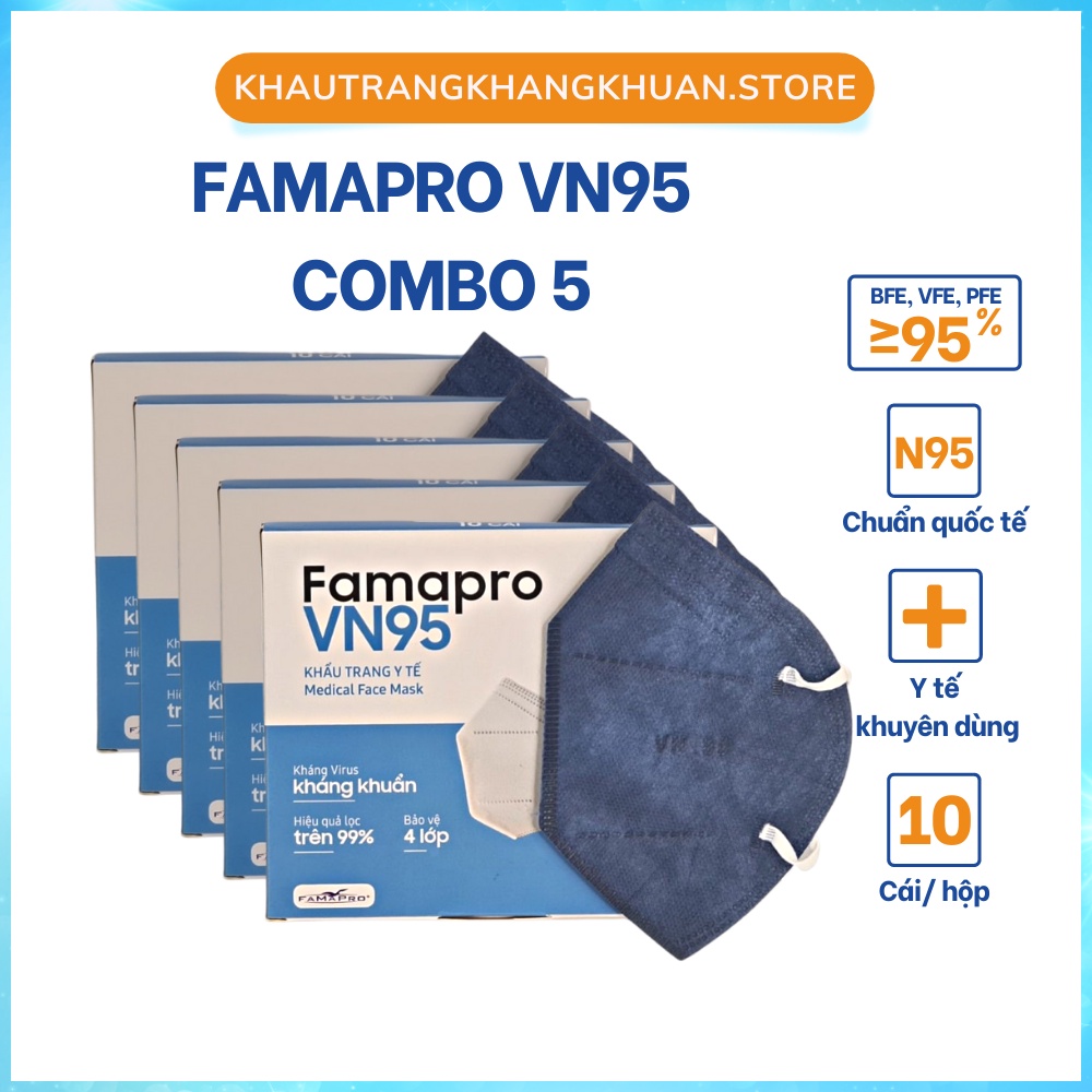 Khẩu trang VN95, Khẩu trang FAMAPRO [COMBO5] [HÀNG XỊN], kháng khuẩn chống bụi – Tiêu Chuẩn Châu Âu | FDA,4 Lớp (50 Cái)