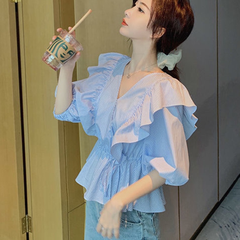 Áo Sơ Mi Ngắn Tay Xù Lông 156478 Áo Sơ Mi Dáng Rộng Cổ Chữ v Kẻ Sọc Xanh Lam Thắt Nơ Eo Trẻ Trung