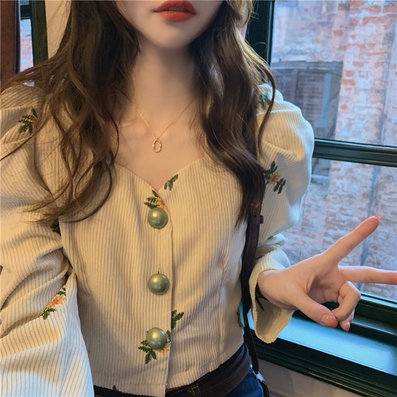 Áo Sơ Mi Tay Phồng Ngắn Chất Liệu Nhung Phong Cách Vintage  tao bao