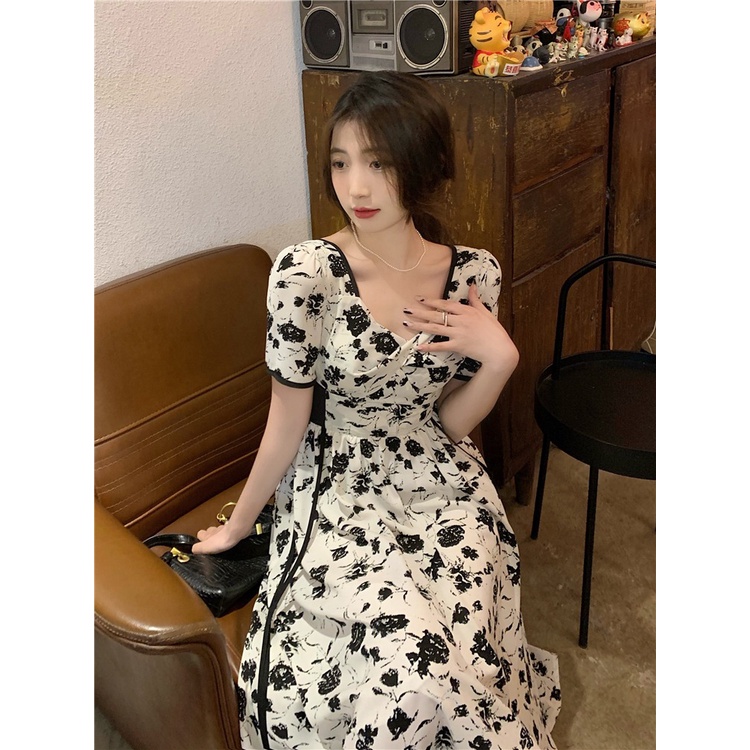 Đầm ZHELIHANGFEI dáng dài qua đầu gối chiffon có khóa kéo in họa tiết hoa nhỏ chất lượng cao xinh xắn