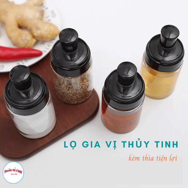 Lọ đựng gia vị có thìa, hủ đựng gia vị bằng thủy tinh cao cấp kèm muỗng chống ẩm -01477