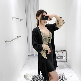 Set Đồ ngủ Lụa 2 dây kèm Áo choàng lụa Ren viền V
