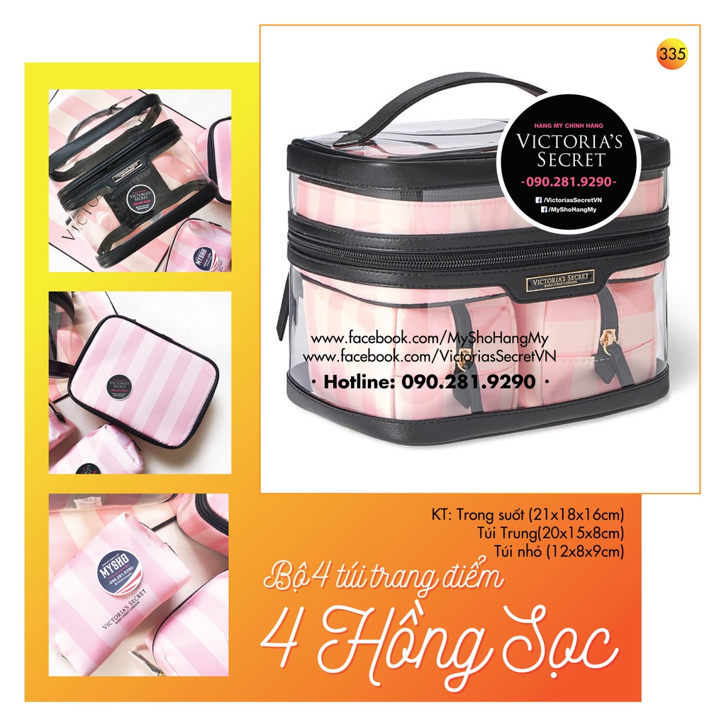 Bộ 4 túi trang điểm hồng phối sọc cá tính  - Hàng nhập Victoria's Secret USA