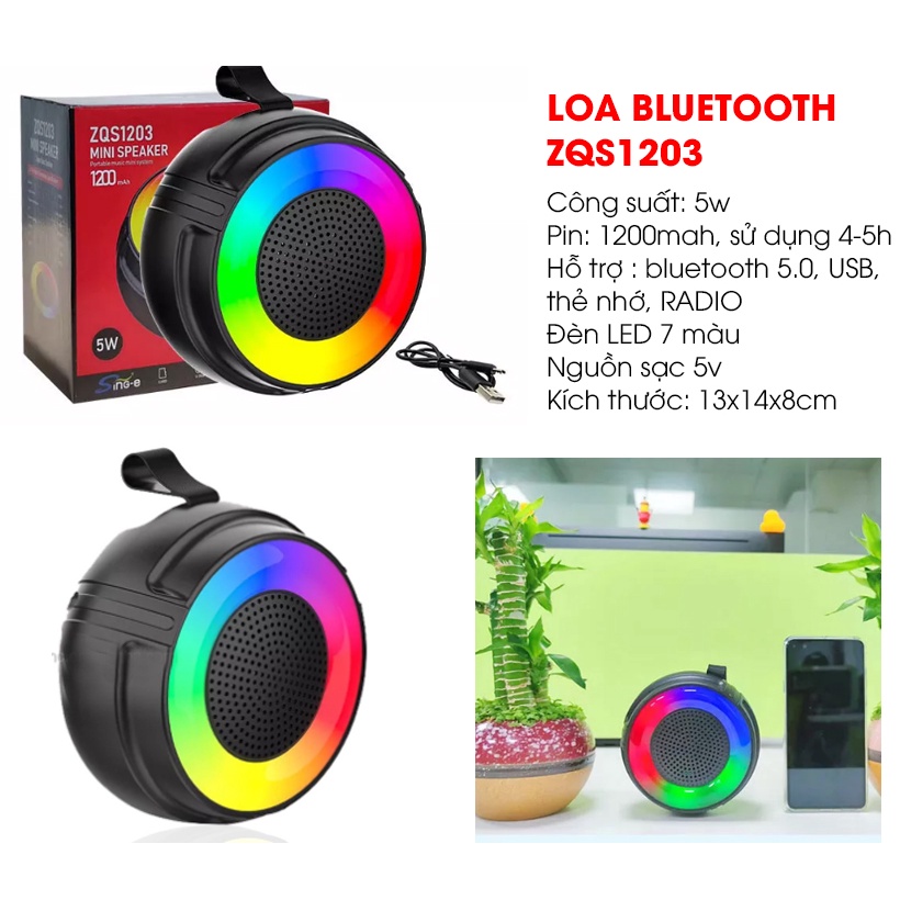 Loa bluetooth mini chính hãng ZQS 1203, tích hợp đèn 7 màu, Radio, USB, Loa blutooth 5.0 Bass mạnh - Sunrise music