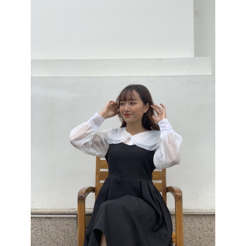 Set Váy Yếm Đen Áo Sơ Mi Cổ Sen Cách Điệu Hàn Quốc Ulzzang (Hình thật/sẵn)