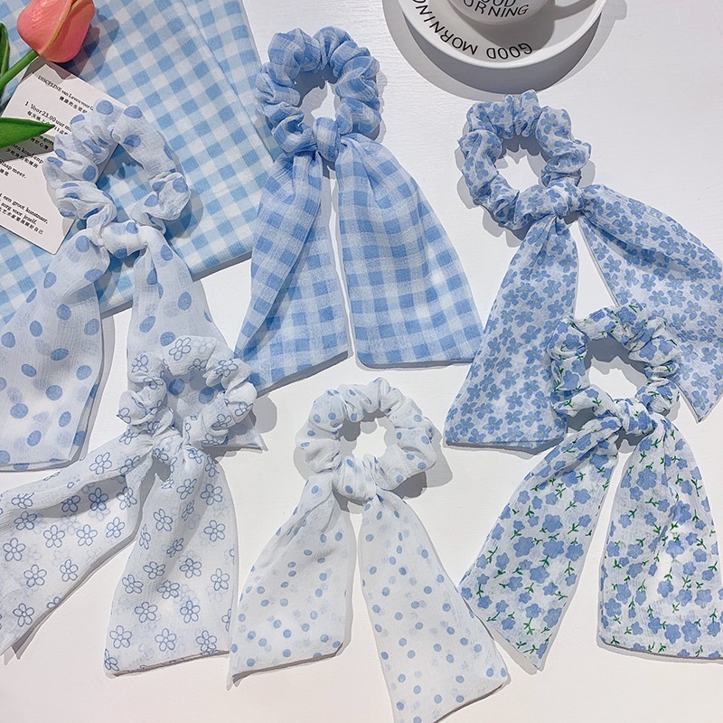 Dây Cột Tóc Họa Tiết Chấm Bi / Hoa Màu Xanh Dương / Trắng Xinh Xắn Thời Trang