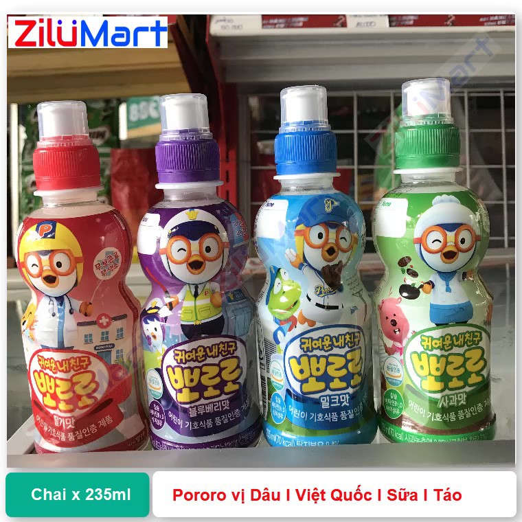 Lốc 4 chai nước trái cây Pororo nhiều vị loại 235ml