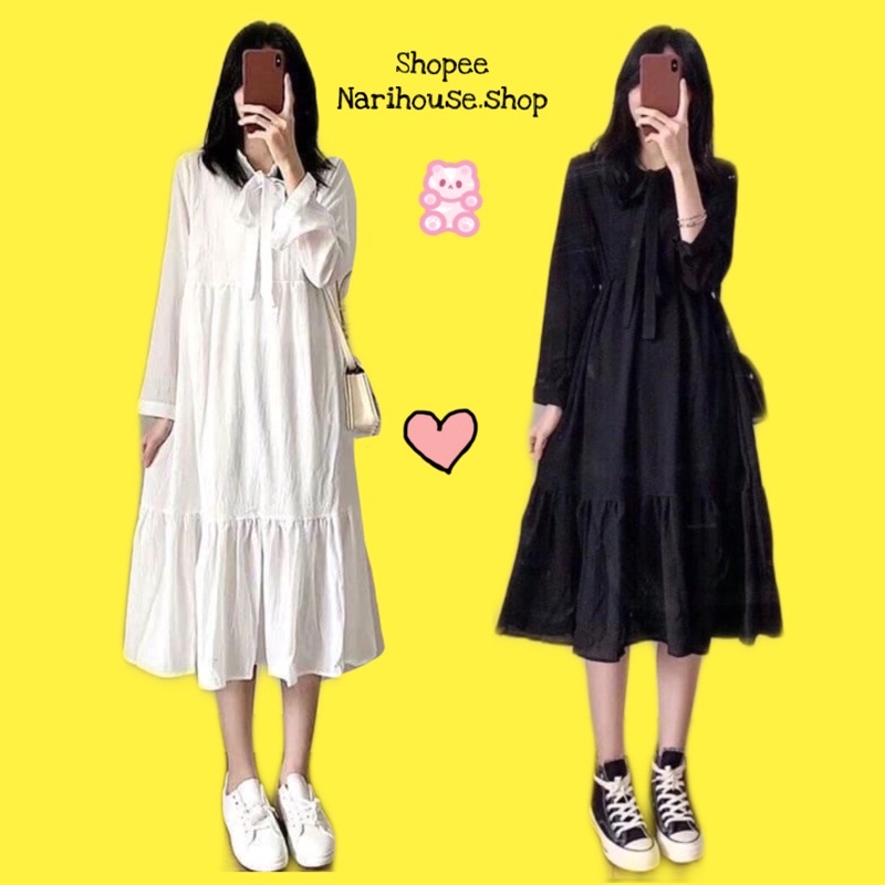 Váy babydoll tay nơ & cổ bẻ