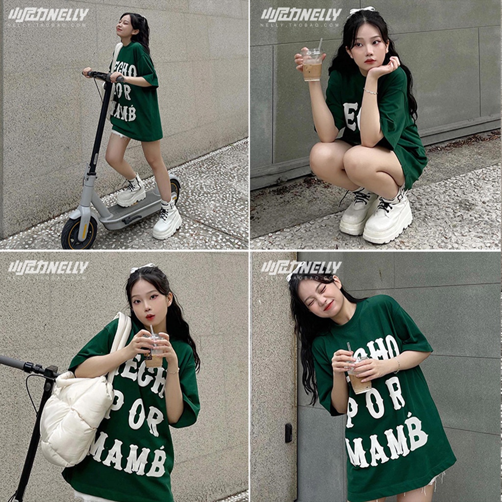 Áo thun dáng rộng NELLY tay lỡ form unisex có sẵn màu xanh lá dành cho nữ mẫu HECHO POR MAMB006