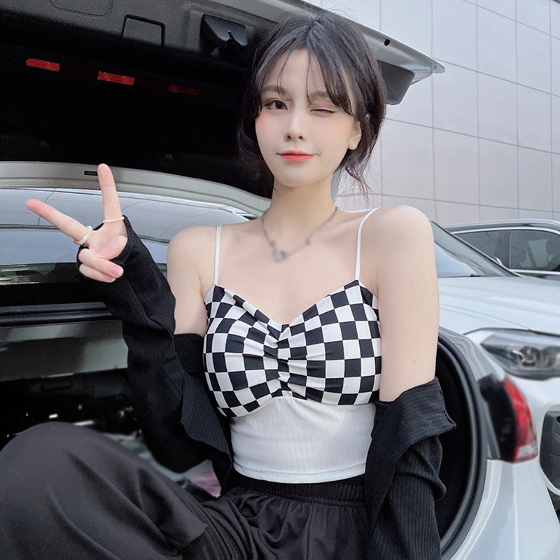 Áo Hai Dây Ôm Dáng Kẻ Sọc Caro Có Mút Đệm Ngực Thời Trang Mùa Hè Quyến Rũ Cho Nữ
