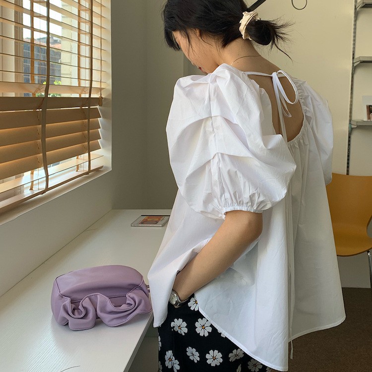 Áo Kiểu Nữ Tay Phồng Ngắn Xếp Ly Xinh Xắn Thời Trang