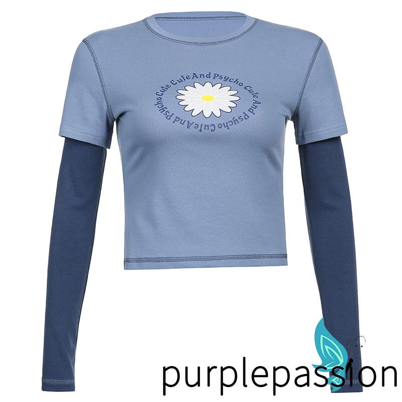 PURP-Women Casual Long Sleeve T-shirt, Blue Round Collar Letters and Floral Printed Pattern Tops